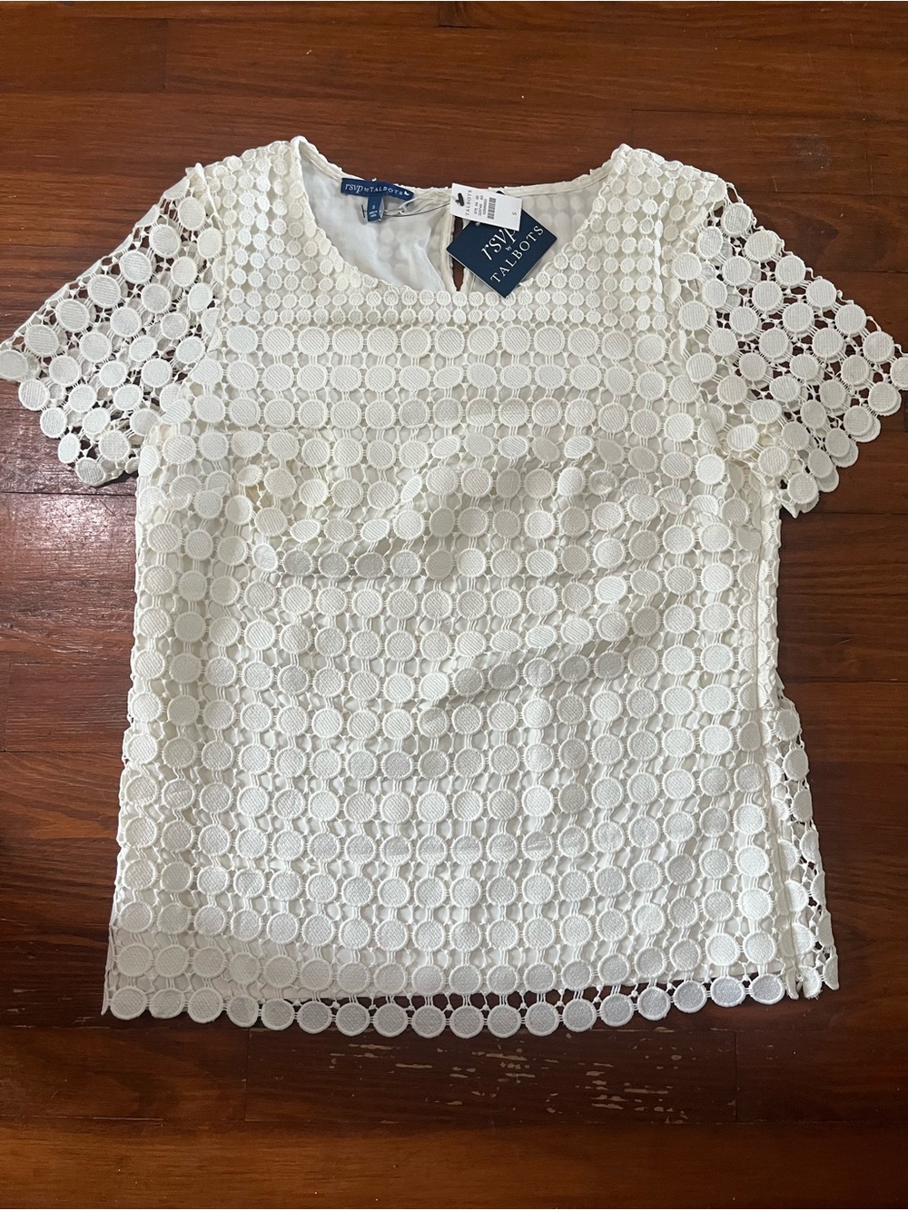 NWT RSVP by Talbots Ivory Circular Crochet Short Sleeve Top